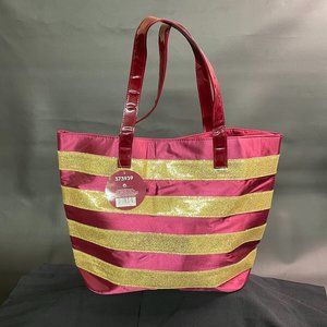 SILK ELEMENTS HOLIDAY TOTE  By Sally Beauty Deep Red w/Gold Stripes NWT